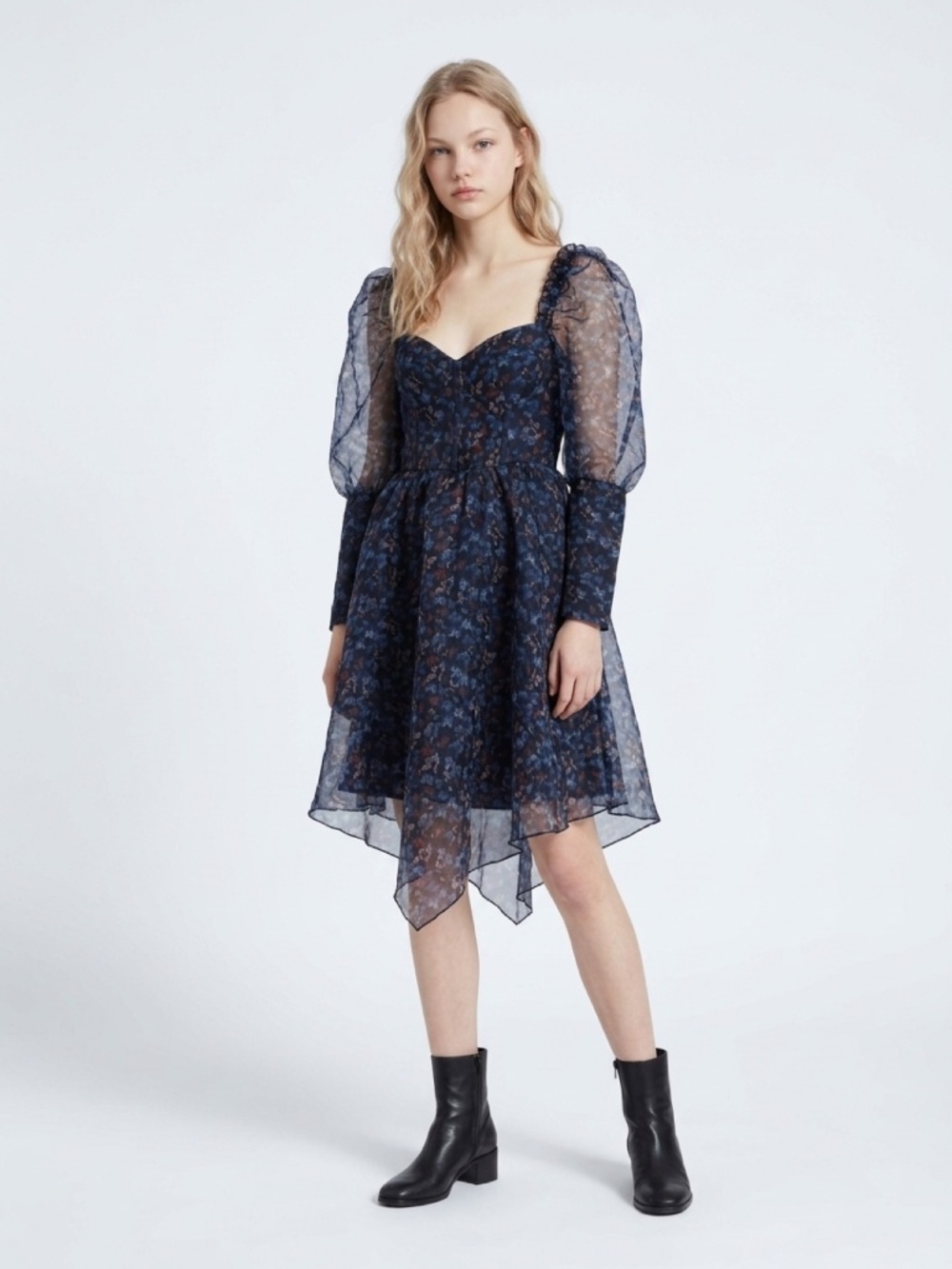 Miss ord Navy Floral Sheer-Sleeve Handkerchief Dress